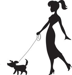 Black And White Silhouette Of A Woman Out For A Walk With Her Dog On A    