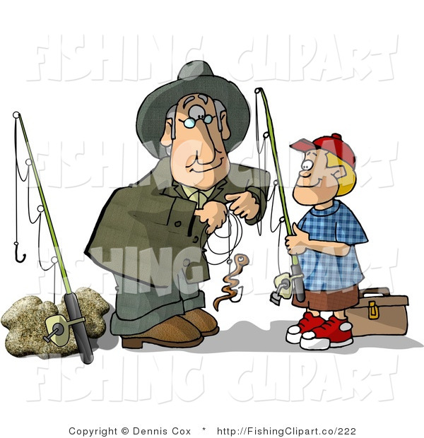 Clip Art Of A Grandfather Baiting His Grandson S Fishing Hook For Him