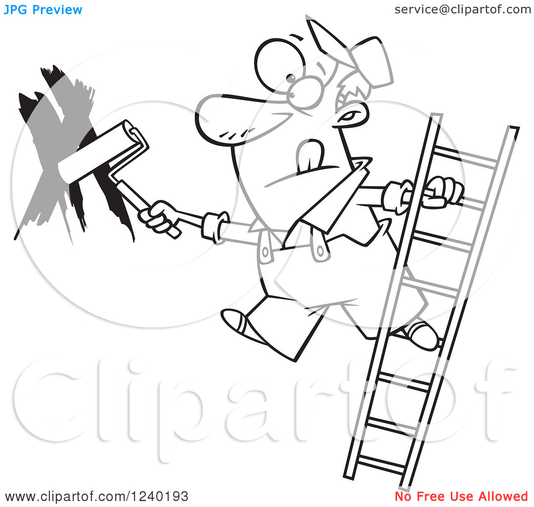 Clipart Of A Black And White Man Painting A Wall And Leaning Off Of A