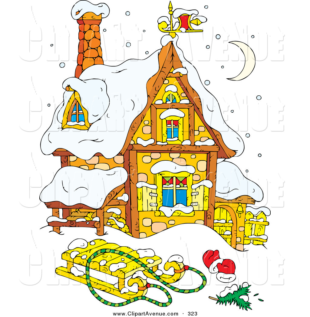 Cute Winter Stone House Under A Crescent Moon Covered In Snow With A