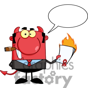 1406264 Clipart Of Devil Boss Holding A Flaming Bad Contract In His    