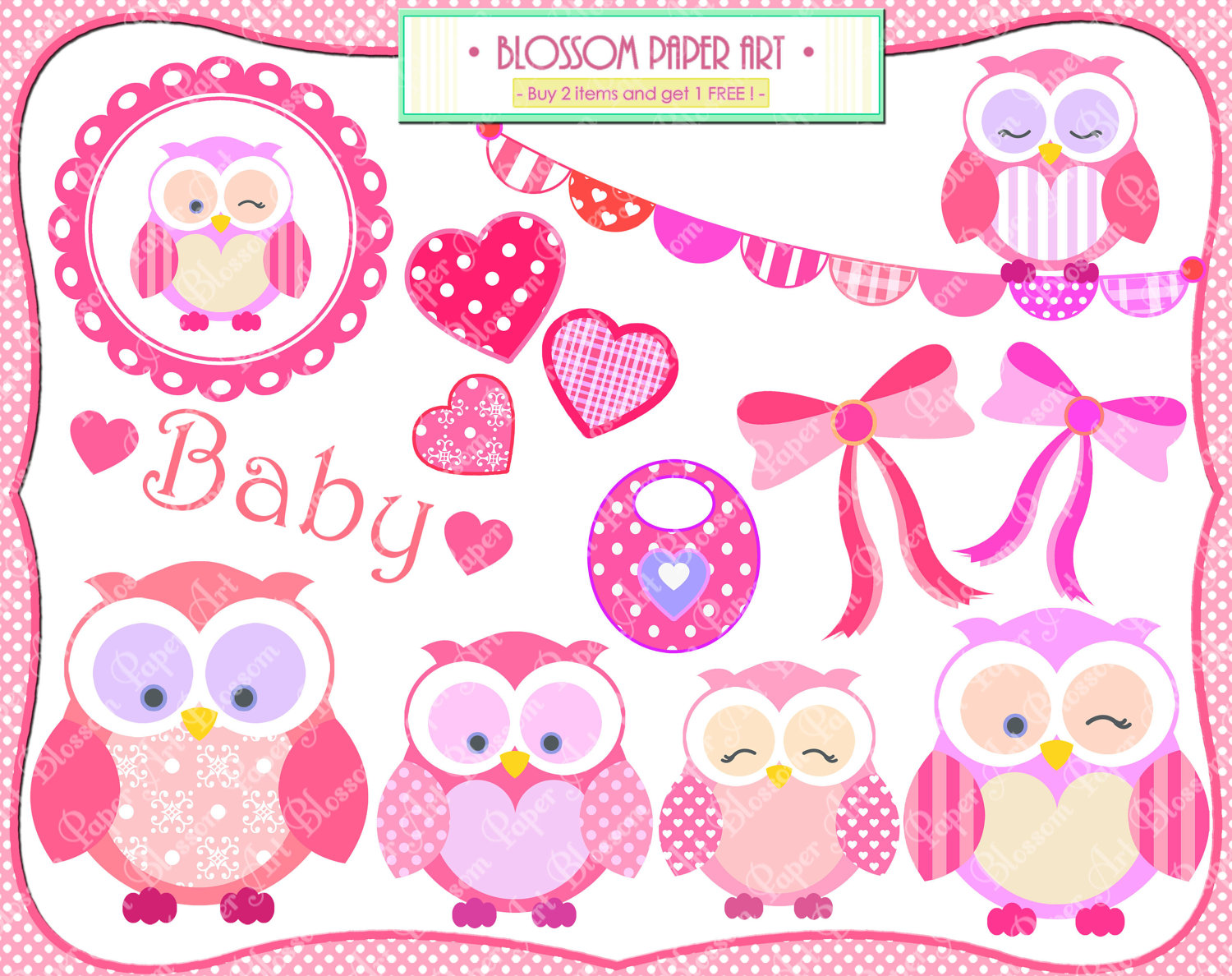 Baby Girl Owls Clipart Baby Shower Cardmaking By Blossompaperart