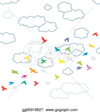 Clip Art   Vector Colorful Outline Of Flock Of Flying Birds And Clouds