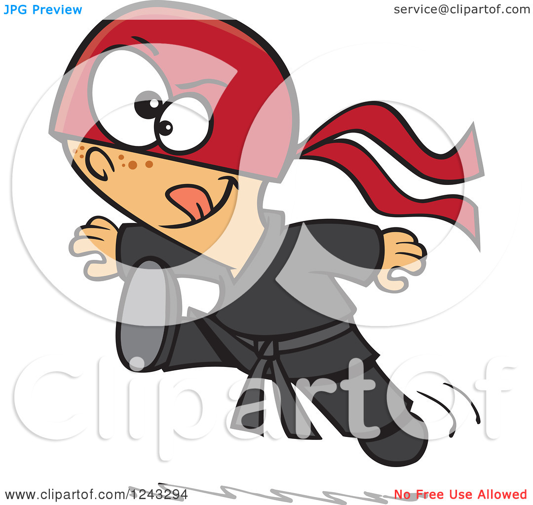Clipart Of A Cartoon Boy Ninja Jumping And Kicking   Royalty Free    