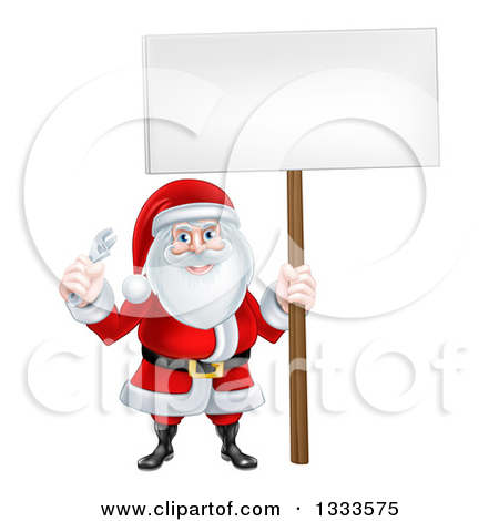 Clipart Of A Happy Christmas Santa Holding An Adjustable Wrench And