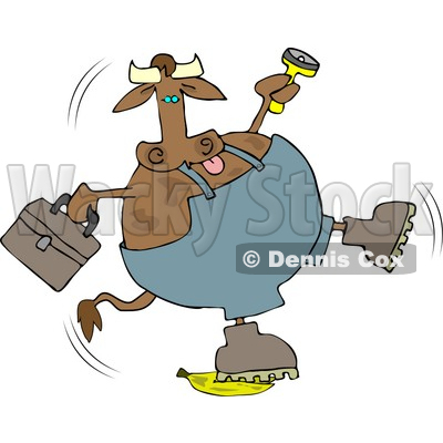 Repairman Cow Slipping On A Banana Clipart   Dennis Cox  4512