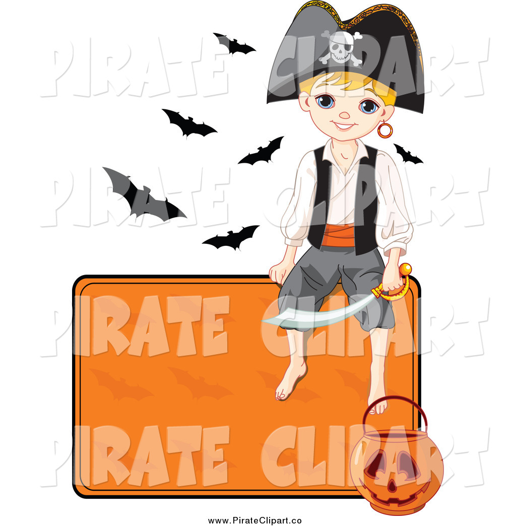 Vector Of A Halloween Pirate Boy Sitting On An Orange Sign Clipart