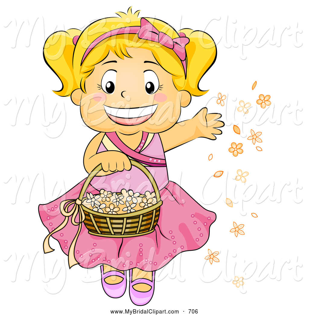 Bridal Clipart Of A Cute And Happy Blond Flower Girl Tossing Flowers    