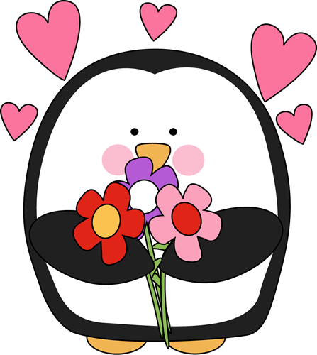     Flowers   Penguin Holding A Bunch Of Flowers With Pink Hearts Above