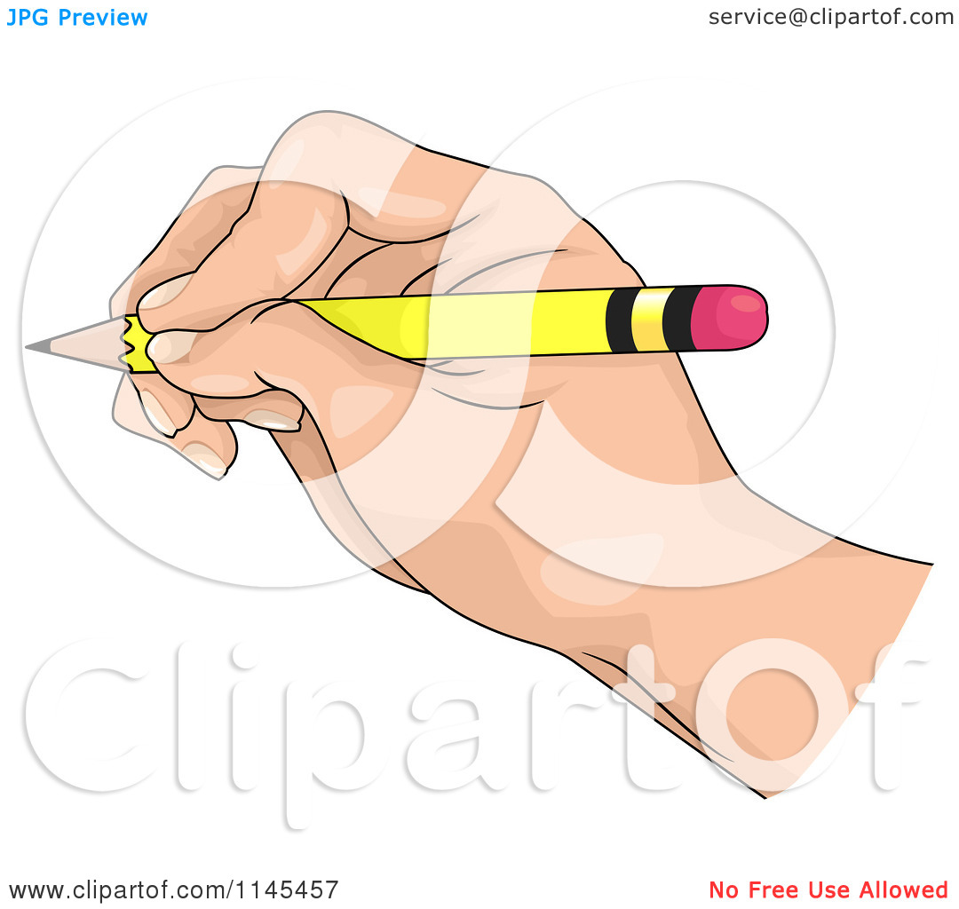 Of A Hand Writing With A Yellow Pencil   Royalty Free Vector Clipart
