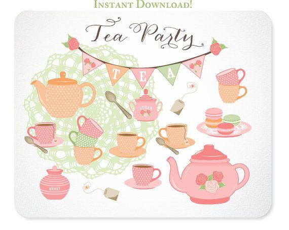 Tea Party Clipart   Pink Rose   Doily Bunting Tea Set Macarons   I