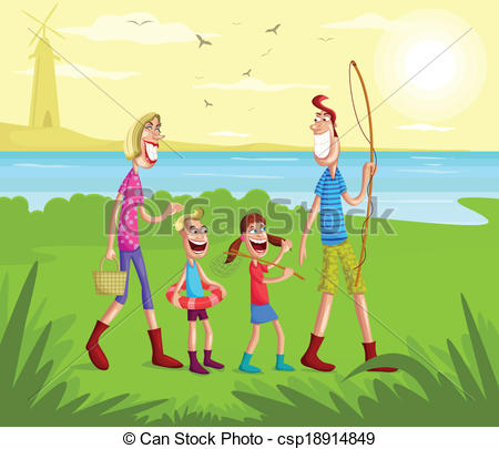 Vector   Happy Family Going For Fishing   Stock Illustration Royalty