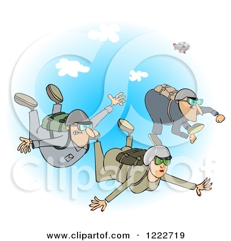 Woman And Men Falling While Sky Diving Over Blue Sky