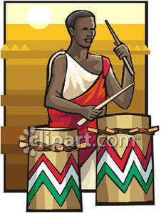 African Man Playing Drums At Sunset   Royalty Free Clipart Picture