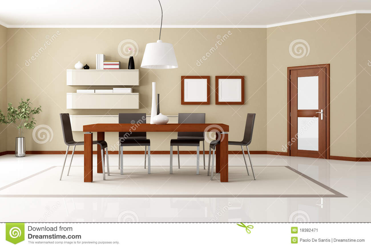 Beige Dining Room With Wooden Table And Door   Rendering