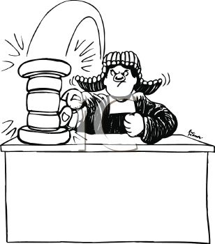 Black And White Cartoon Of An Angry Judge Banging His Gavel   Royalty