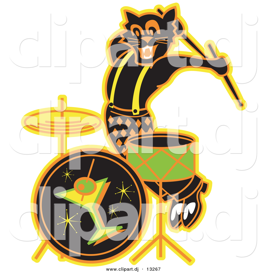 Black Cartoon Cat Playing Drums At A Bar Happy Girl Playing Acoustic    