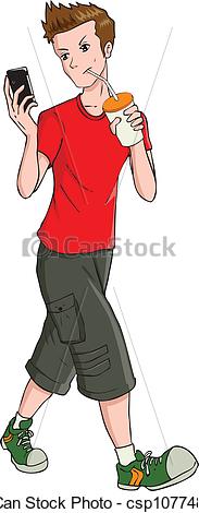 Cartoon Illustration Of A Teenager Holding A Cellular Phone