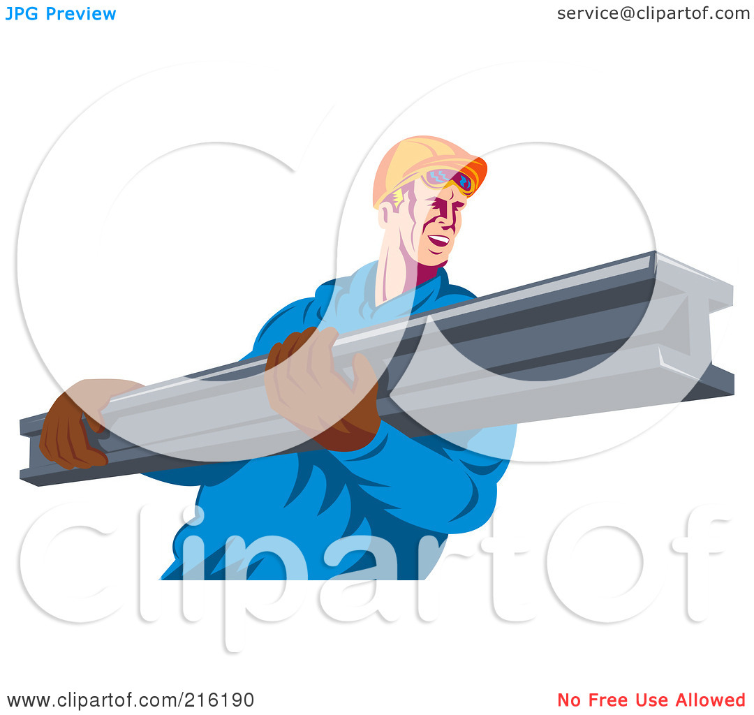 Clipart Illustration Of A Construction Worker Carrying A Metal Beam By