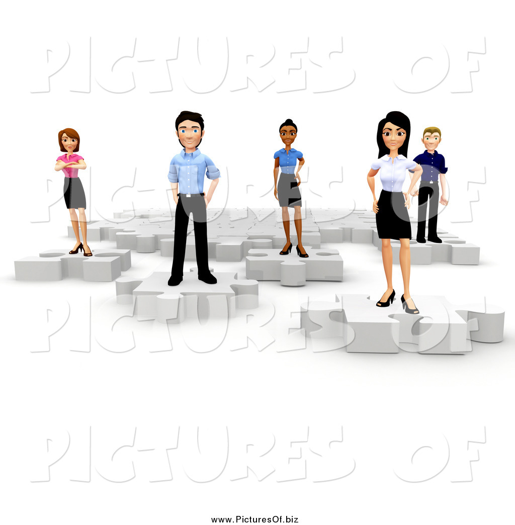 Clipart Of A 3d Diverse Young Business Team Standing On Puzzle Pieces    