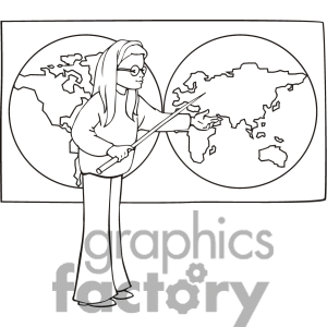 Free Black And White Outline Of A Student Showing A Map Clipart