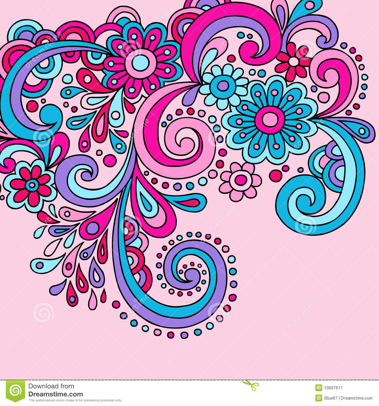 Groovy Hand Drawn Psychedelic Doodle With Flowers And Swirls Vector    