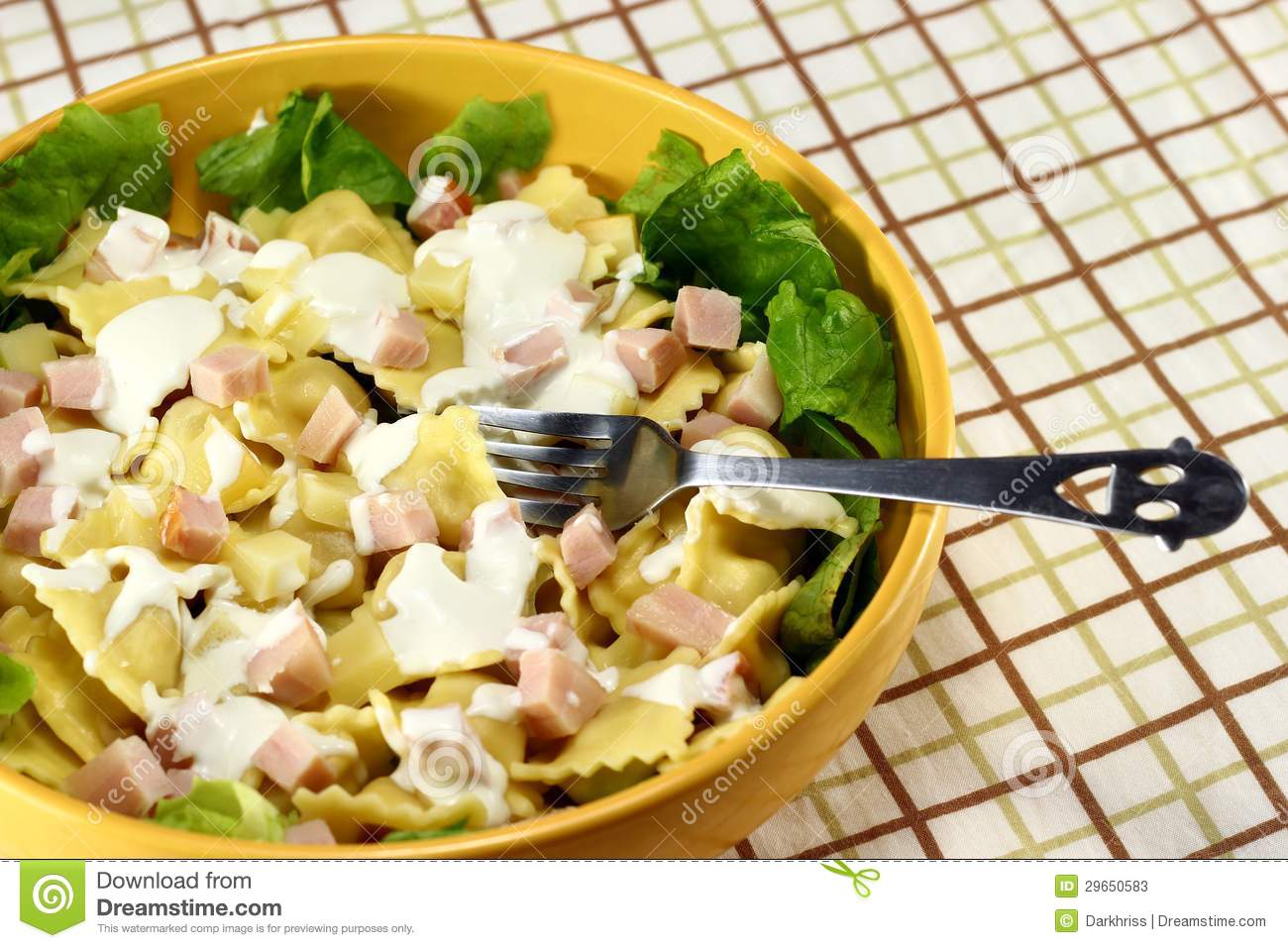Pasta Salad Made From Ravioli Ham Mayonnaise And Lettuce