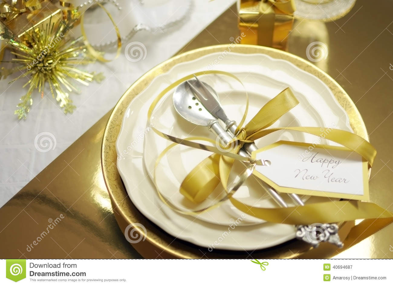 White And Gold Happy New Year Elegant Fine Dining Table Place Setting
