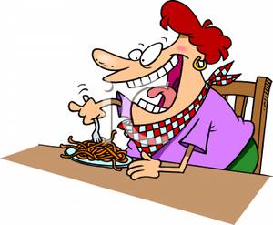     Woman Chowing Down A Plate Of Spaghetti   Royalty Free Clipart Picture