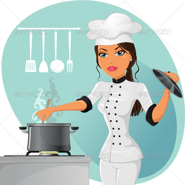 Woman Cooking Chef In White Uniform Eps10