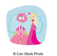 Beautiful Princess Dreaming Of A Prince On Horse Vector Illustration