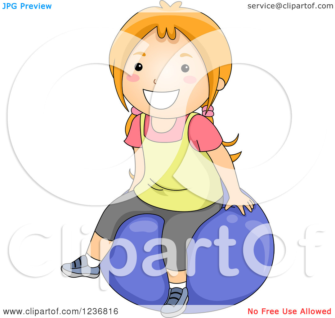 Clipart Of A Happy Red Haired Girl Sitting On An Exercise Ball