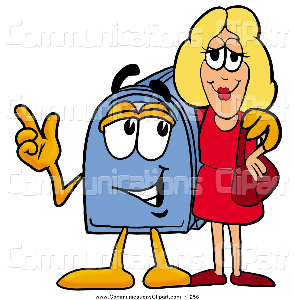 Cute Blue Postal Mailbox Cartoon Character Talking To A Pretty Blond