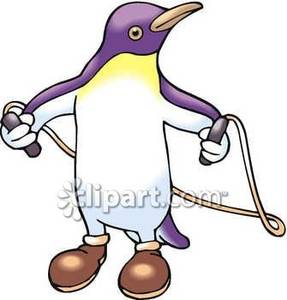 Purple Penguin Playing Jump Rope   Royalty Free Clipart Picture