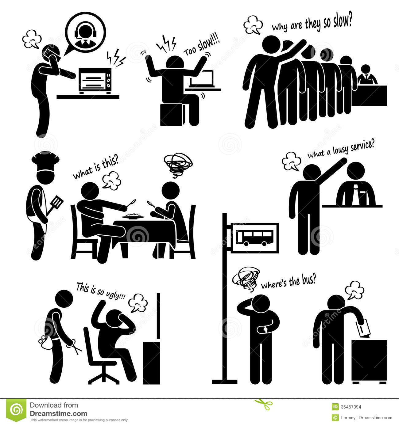 Set Of Pictograms Representing Angry Customers Complaining About The