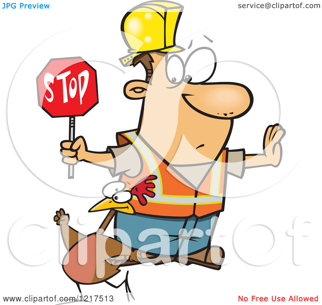 Clipart Of A Cartoon Road Construction Worker Watching A Chicken Cross