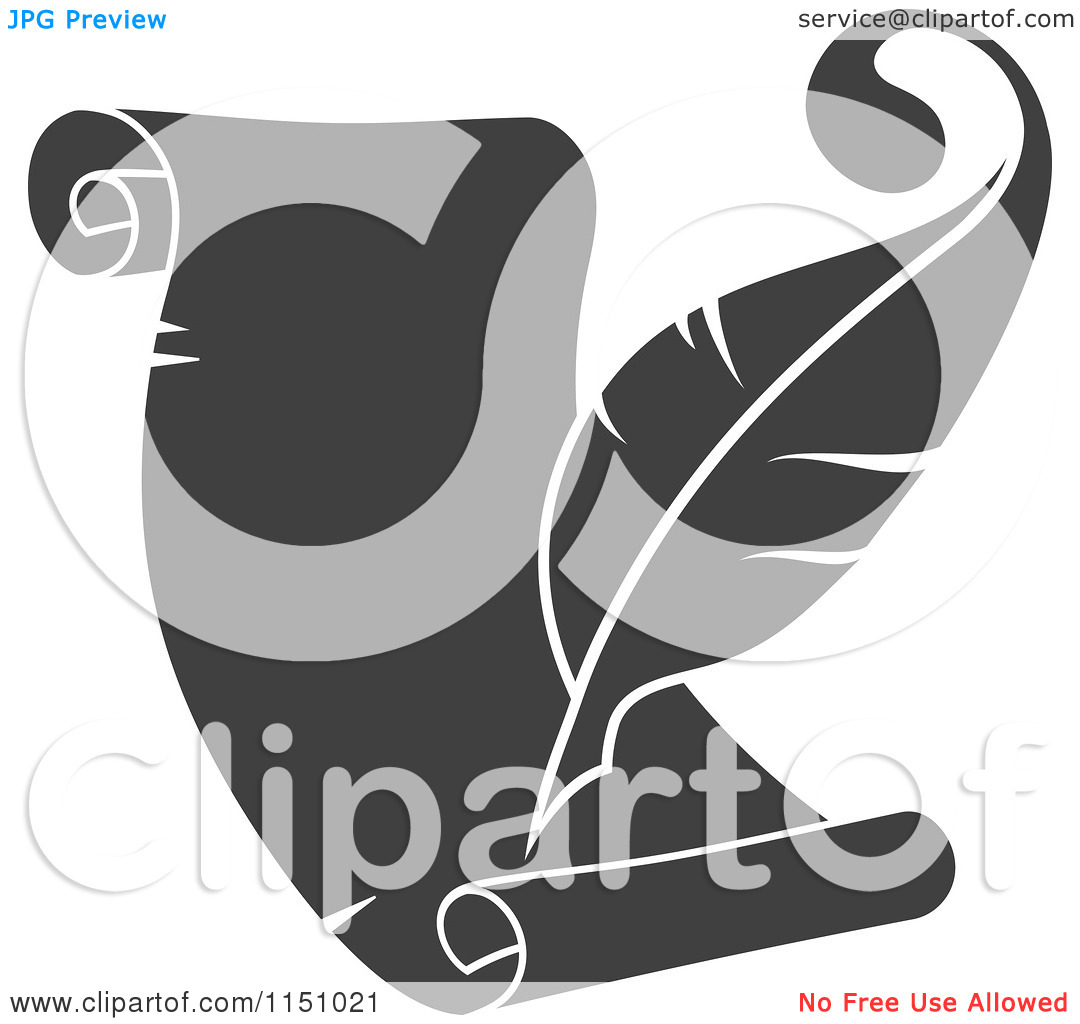 Clipart Of A Grayscale Quill Pen And Scroll   Royalty Free Vector
