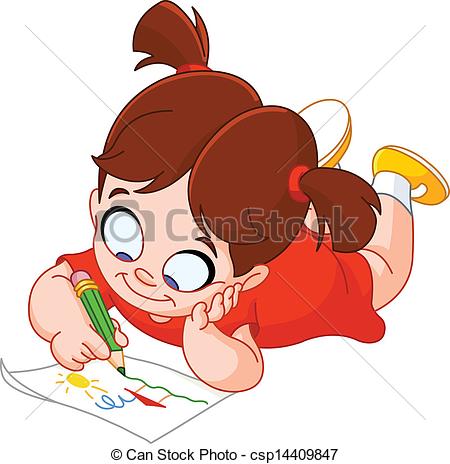 Eps Vector Of Little Girl Drawing   Little Girl Lying On Her Stomach