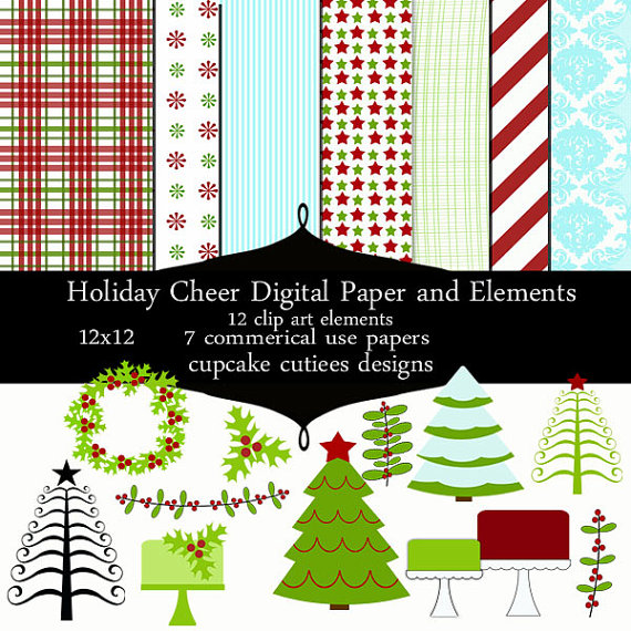 Holiday Cheer Digital Clipart Elements And Digital Paper Set    