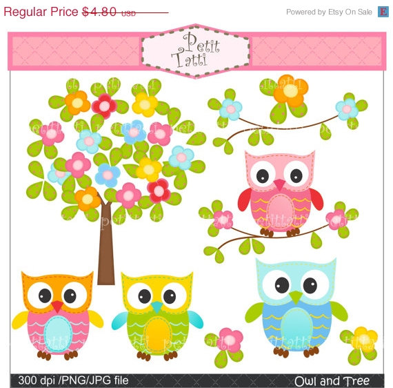 On Sale Owl Clip Art   Flower Tree Clip Art Digital Clip Art  Small