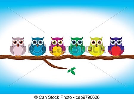 Owls In A Row   Funny Colorful Owls Row On    Csp9790628   Search Clip    
