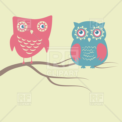 Two Cute Stylish Owls On The Tree Branch Download Royalty Free Vector