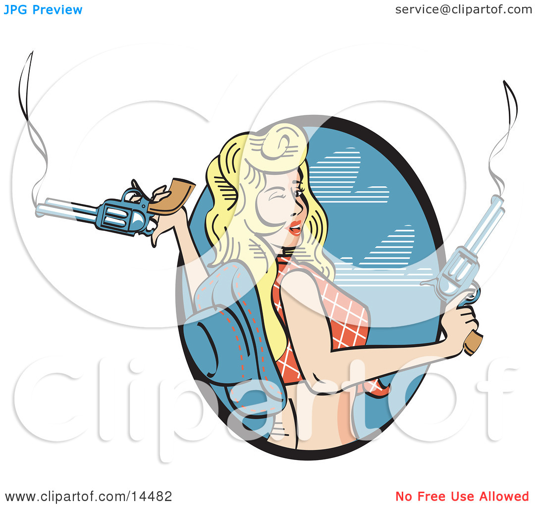 Blue Cowboy Hat And Holding Two Smoking Pistils Clipart Illustration