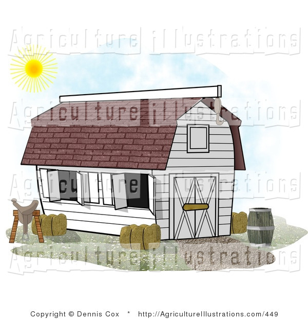 Clipart Of A White Horse Stable Barn With A Barrel Saddle And Hay