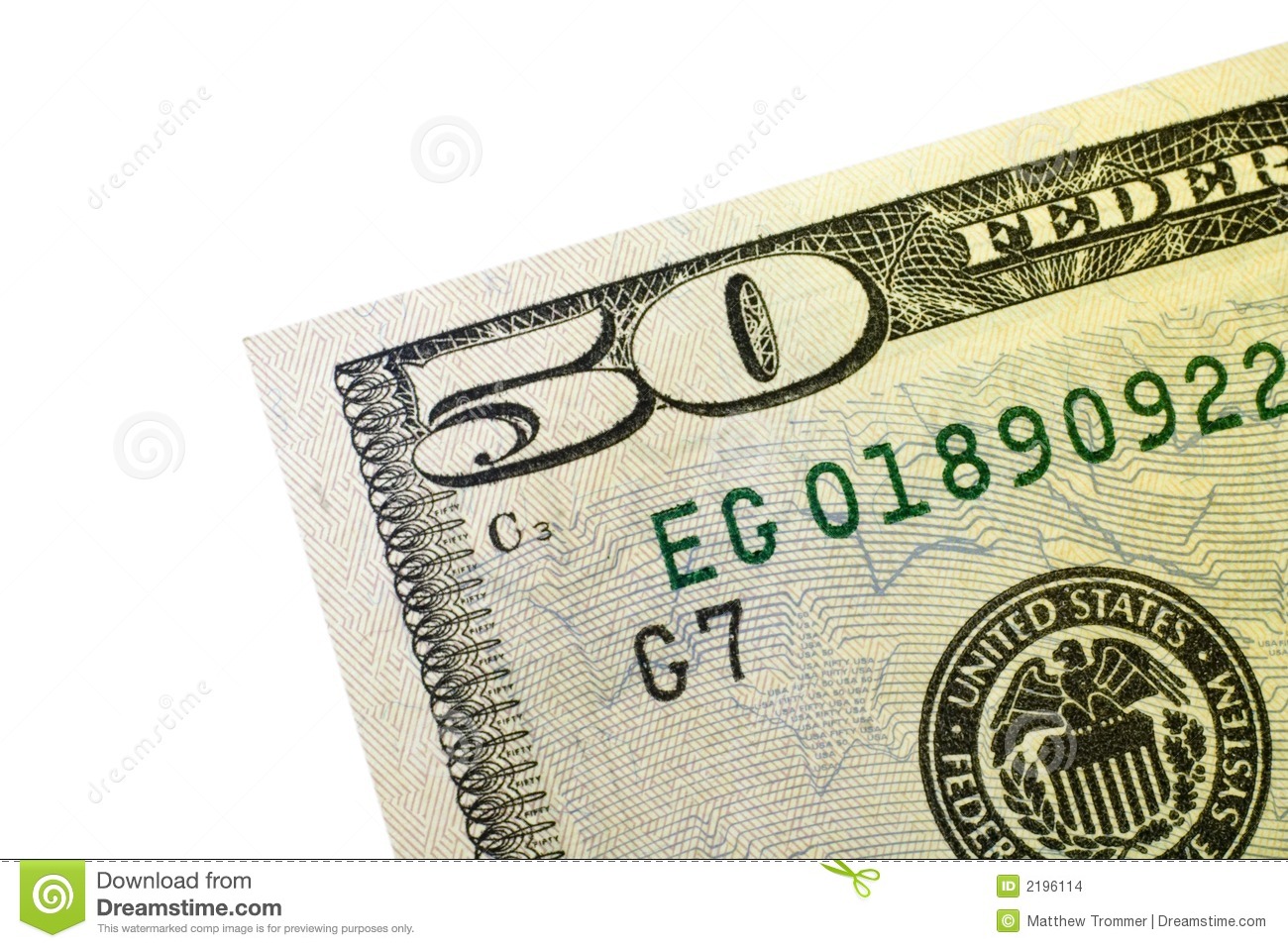 Close Up Of 50 Dollar Bill Isolated On A White Background 