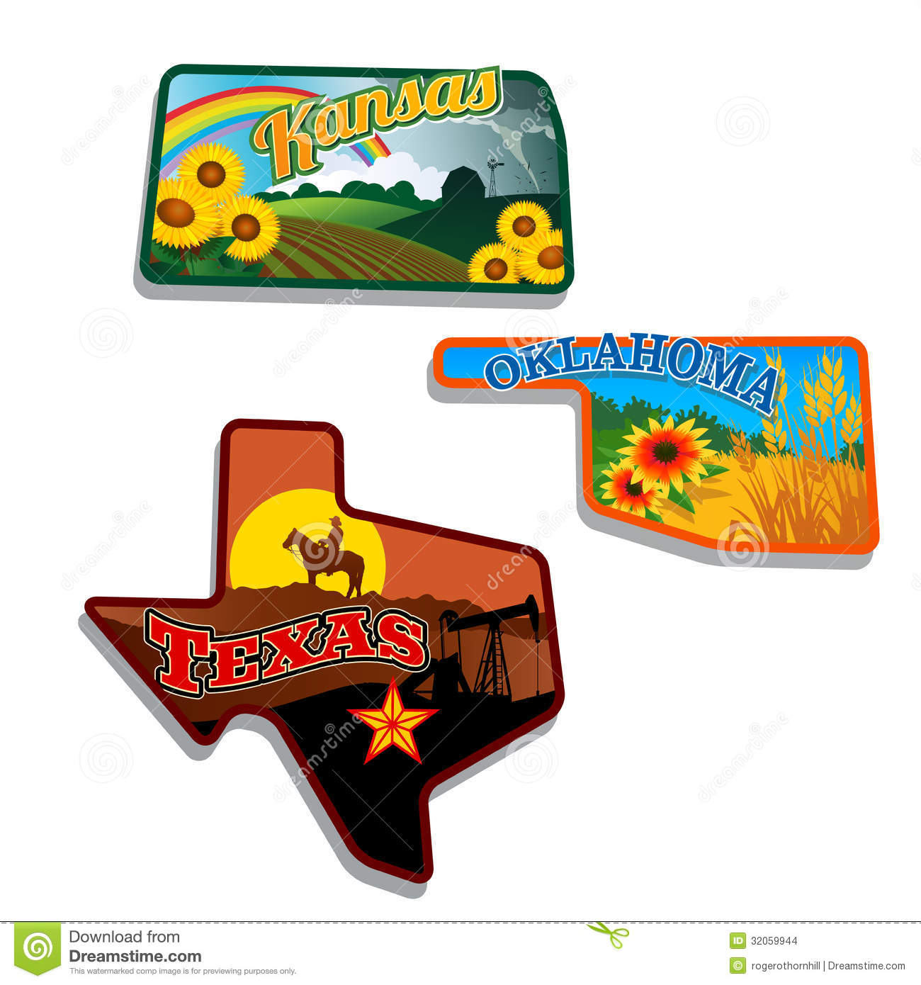 Retro State Shape Illustrations Of Kansas Oklahoma And Texas And