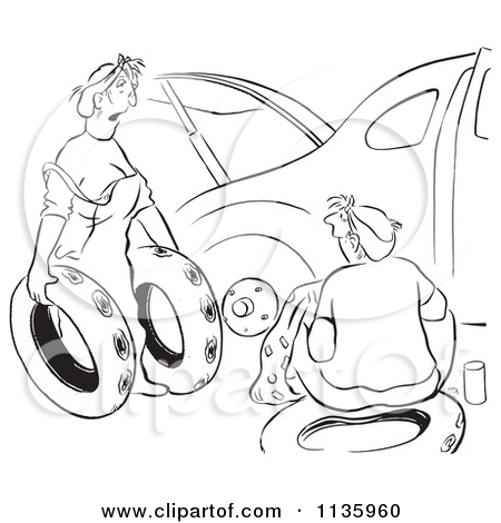 Retro Vintage Woman Offering Ruined Spare Tires For Her Husband Car