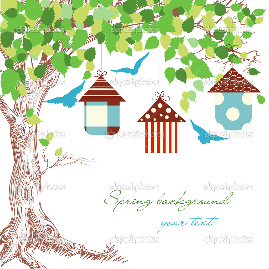 Spring Tree Birdcages And Blue Birds Background   Stock Vector
