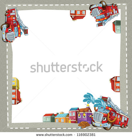 The Fire Truck In The City   Border   Illustration For The Children