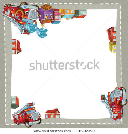 The Fire Truck In The City   Border   Illustration For The Children